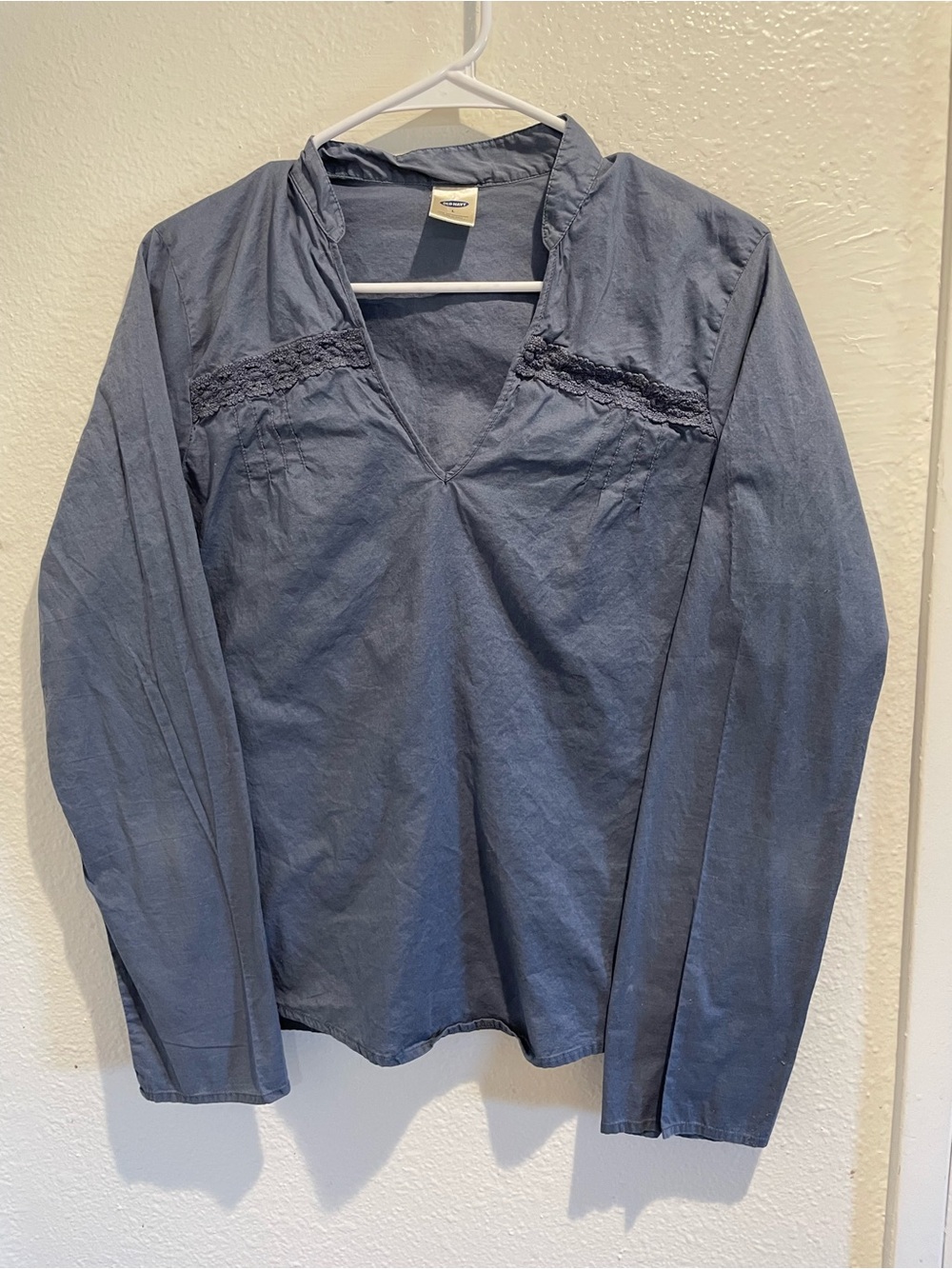 ✨Old Navy Boho Cotton Crochet Lace Pintuck Popover Blouse Slate Blue L✨